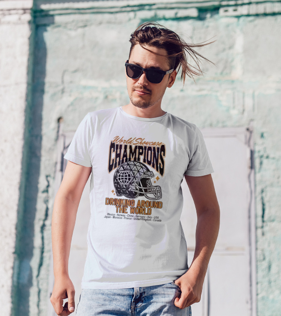 World Showcase Champions Drinking Around The World Helmet USA Canada Spaceship Earth T-Shirt