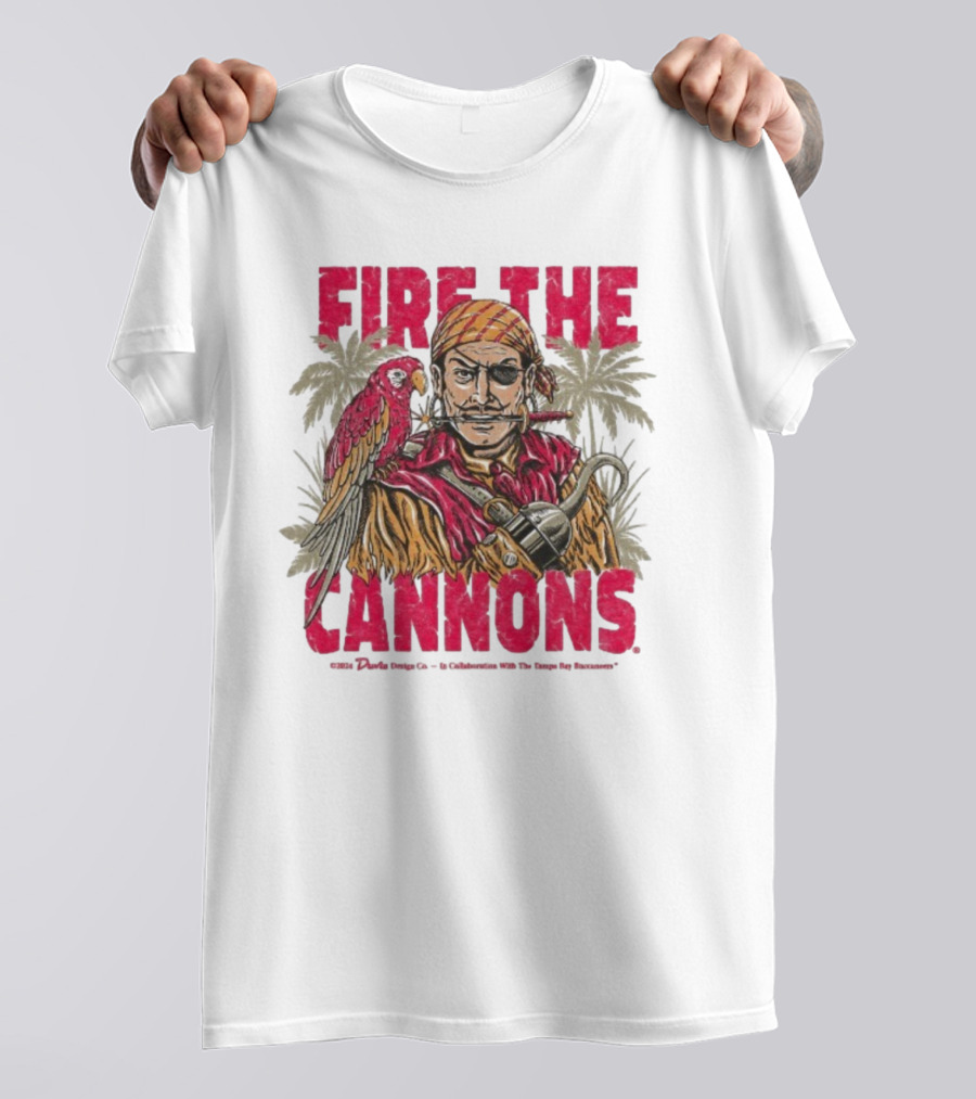 Fire The Cannons Buccaneers Pirate Parrot Palm Trees T-Shirt