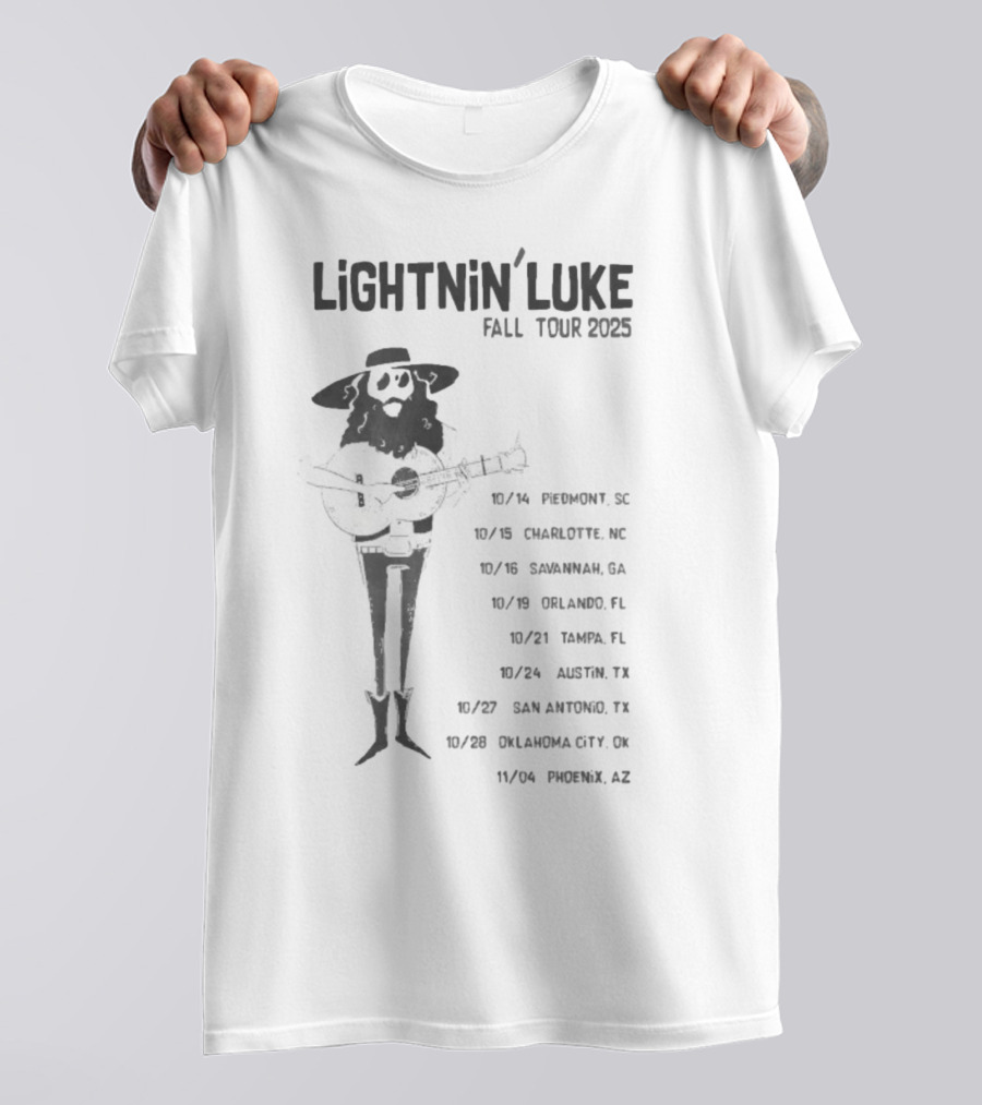 Lightnin’ Luke Fall Tour 2025 With Dates In Pendleton Charlotte Savannah Orlando Tampa Austin San Antonio Oklahoma City Phoenix T-Shirt