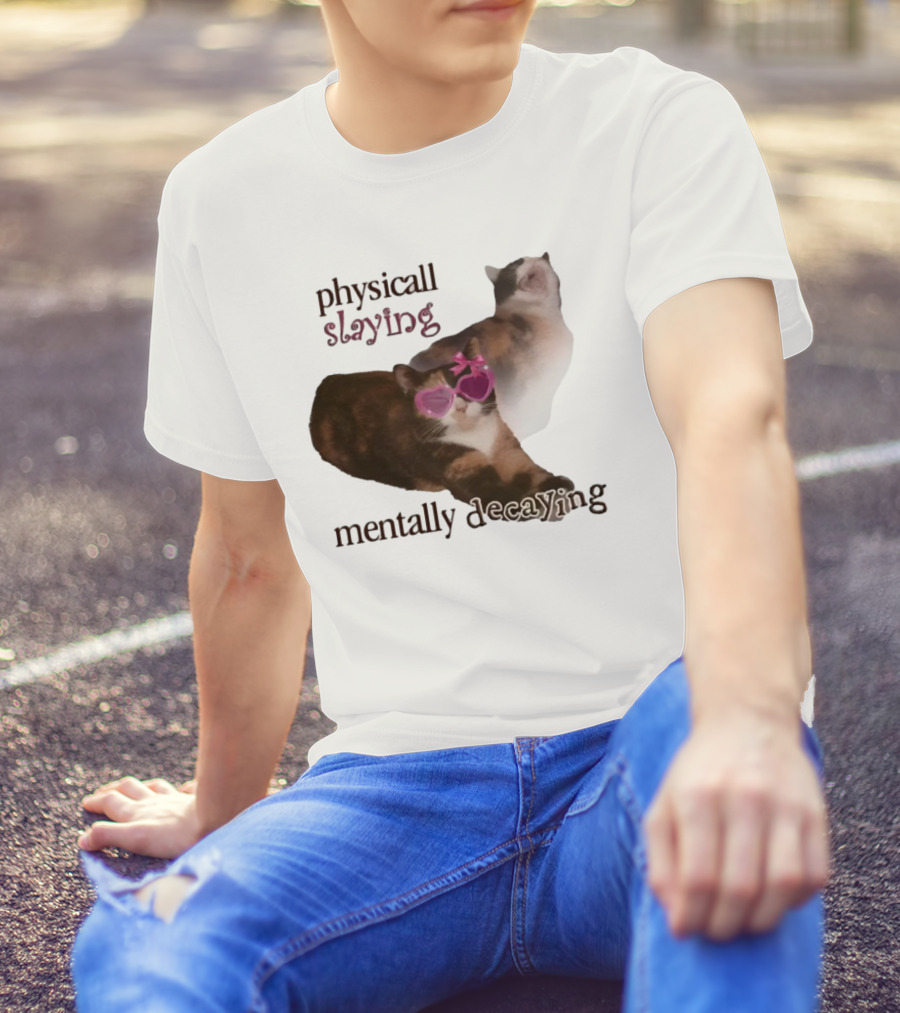 ```Snazzyseagull Physically Slaying Mentally Decaying Cat With Pink Heart Sunglasses``` T-Shirt