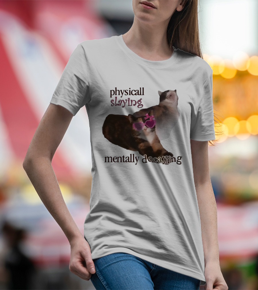 ```Snazzyseagull Physically Slaying Mentally Decaying Cat With Pink Heart Sunglasses``` T-Shirt