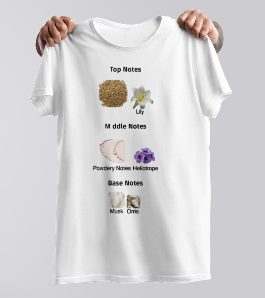 Top Notes Cumin Lily Middle Notes Powdery Heliotrope Base Notes Musk Orris T-Shirt