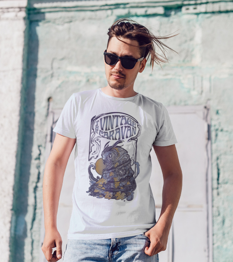 The Vintage Caravan Psychedelic Owl Art Nouveau Style T-Shirt