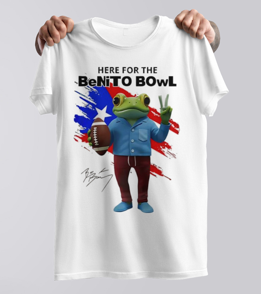 Bad Bunny Here For The Benito Bowl Super Bowl Frogs Puerto Rico Flag Football Peace Sign Signature T-Shirt