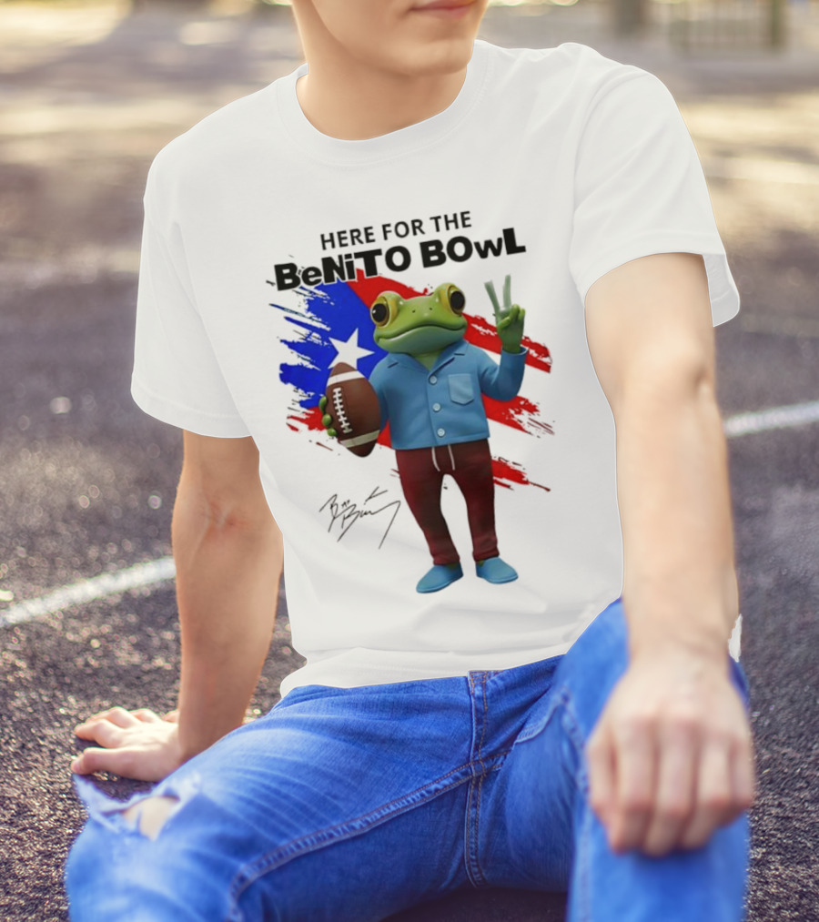 Bad Bunny Here For The Benito Bowl Super Bowl Frogs Puerto Rico Flag Football Peace Sign Signature T-Shirt