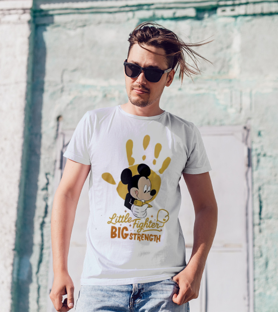 Mickey Mouse Little Fighter Big Strength Cancer Awareness Handprint T-Shirt