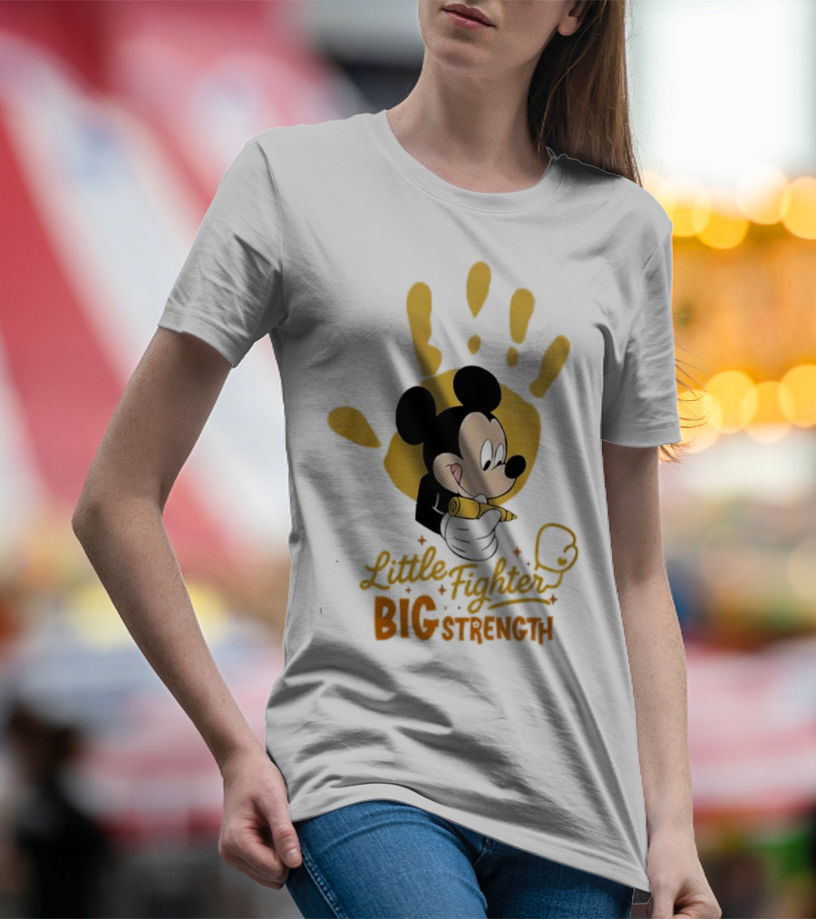 Mickey Mouse Little Fighter Big Strength Cancer Awareness Handprint T-Shirt