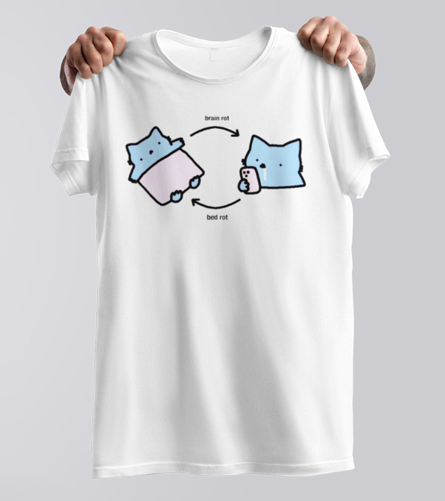 Nubcat Brain Rot Bed Rot Cute Cat Meme With Blanket And Smartphone T-Shirt