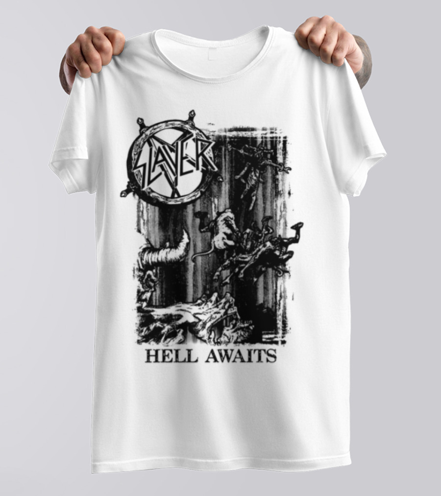 Monochrome Slayer Hell Awaits Acid Iconic Band Art T-Shirt