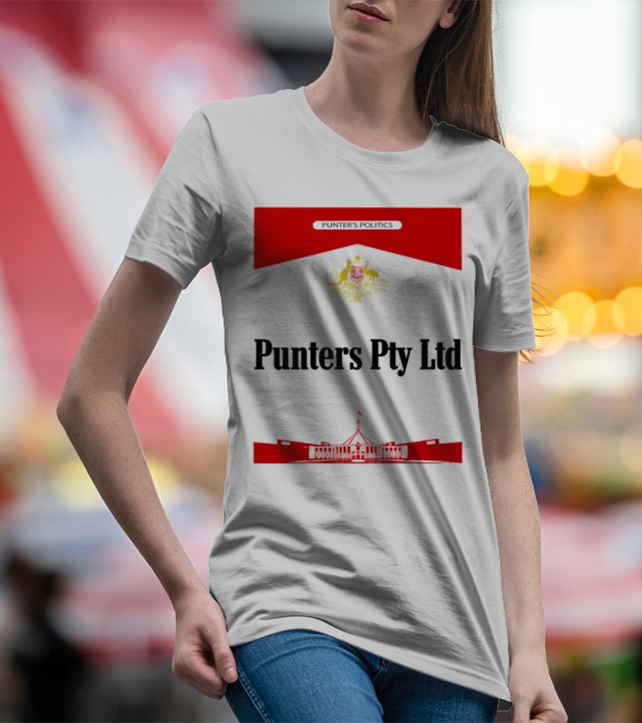 Punter's Lobbyist Uniform Australia's Parliament House Silhouette Red And Gold Emblem T-Shirt
