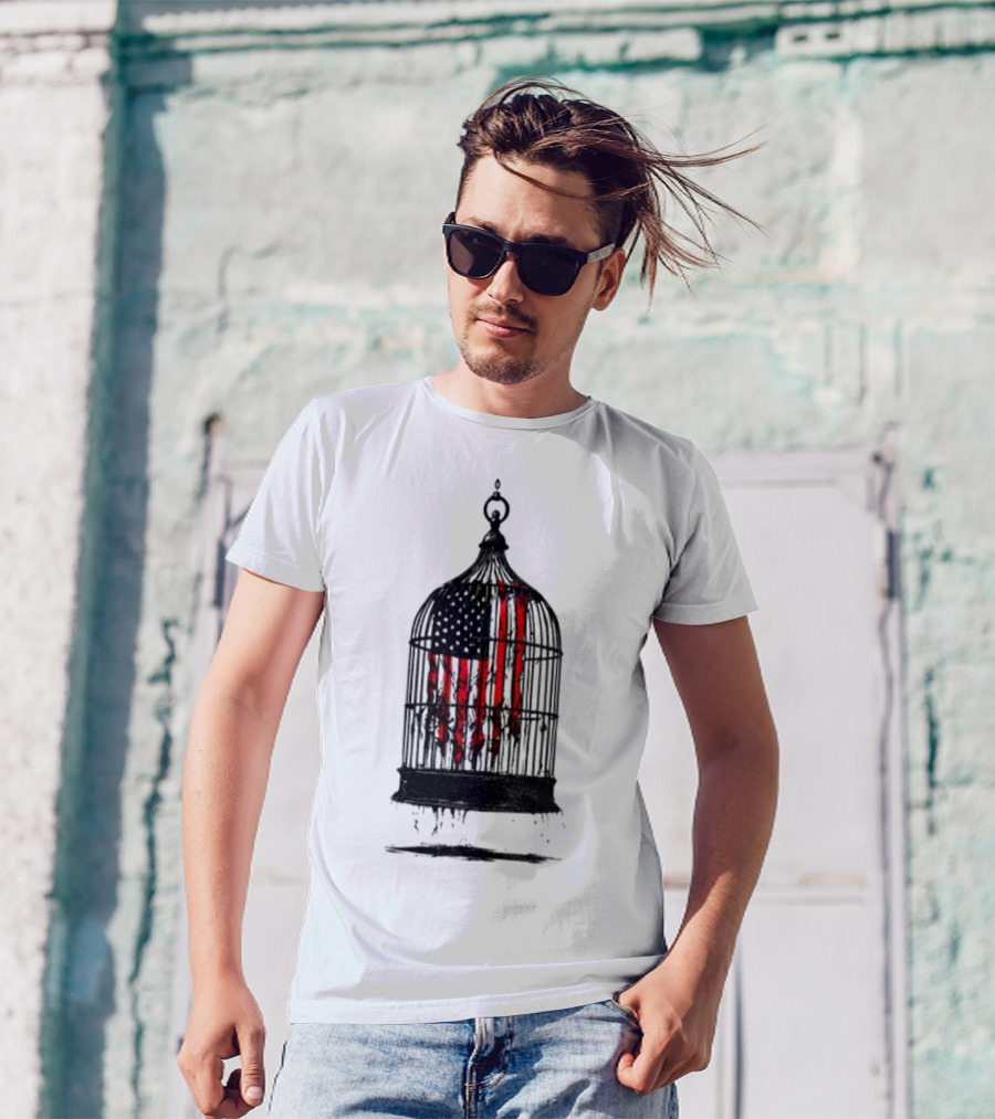 Caged Liberty American Flag Birdcage Government Shutdown T-Shirt