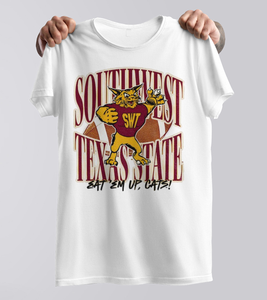 Southwest Texas State SWT 1990s Eat Em Up Cats Mascot Football T-Shirt