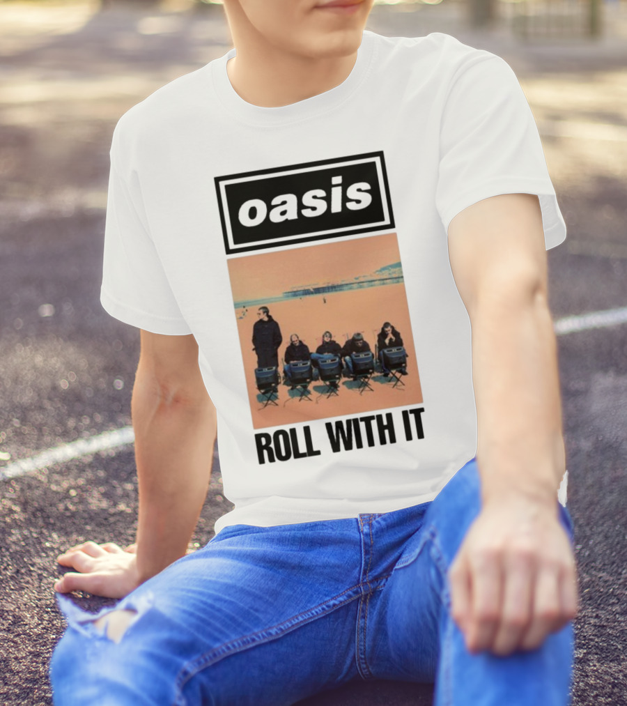 Oasis Roll With It Single Beach Scene Retro Style T-Shirt