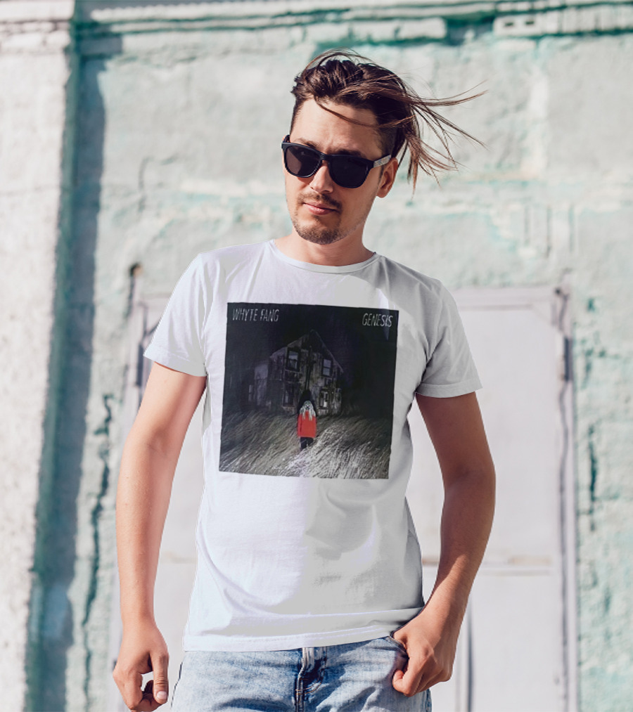 Whyte Fang Genesis Album Cover Creepy House And Figure In Red Jacket T-Shirt