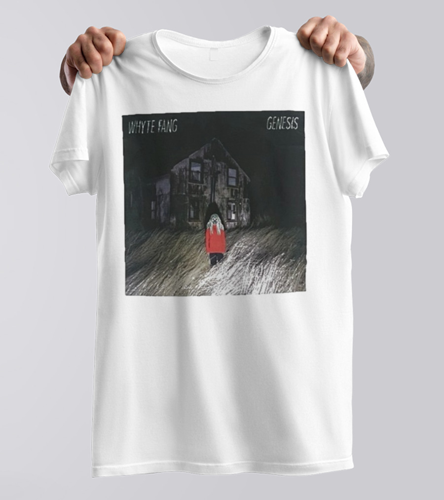 Whyte Fang Genesis Album Cover Creepy House And Figure In Red Jacket T-Shirt