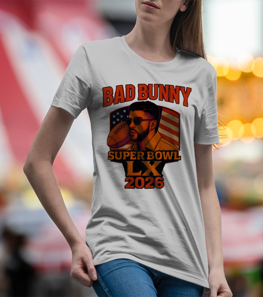 Bad Bunny Super Bowl LX 2026 American Flag Football Graphic T-Shirt