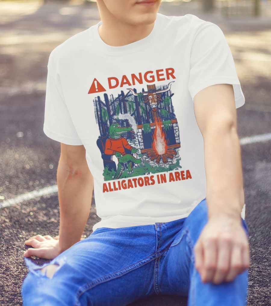 Danger Alligators In Area Florida Gators Texas Longhorns Campfire Warning T-Shirt