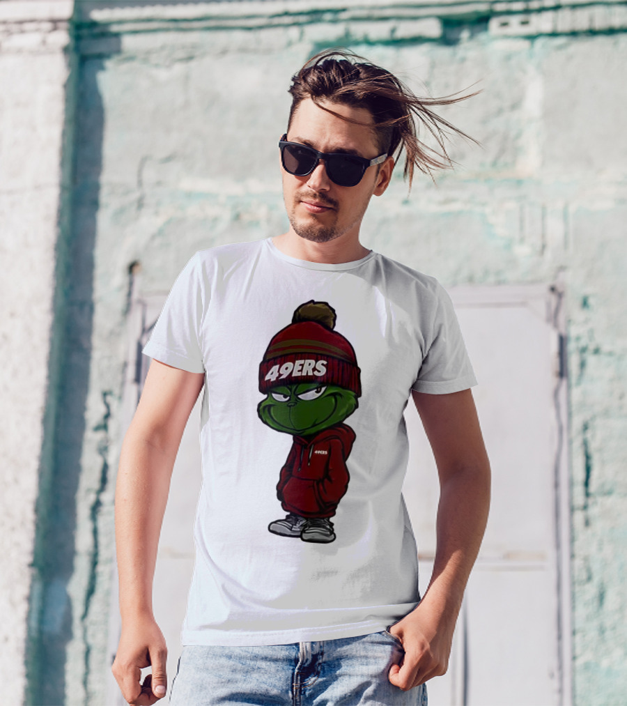 Grinch Wearing 49ers Beanie And San Francisco Football Crossover T-Shirt