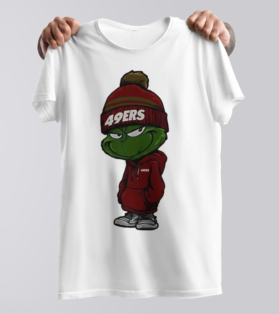 Grinch Wearing 49ers Beanie And San Francisco Football Crossover T-Shirt