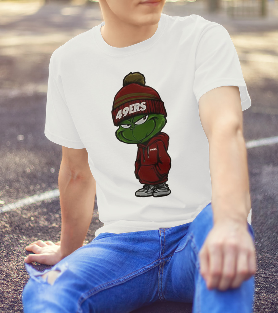 Grinch Wearing 49ers Beanie And San Francisco Football Crossover T-Shirt