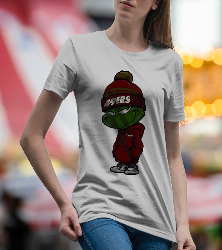 Grinch Wearing 49ers Beanie And San Francisco Football Crossover T-Shirt