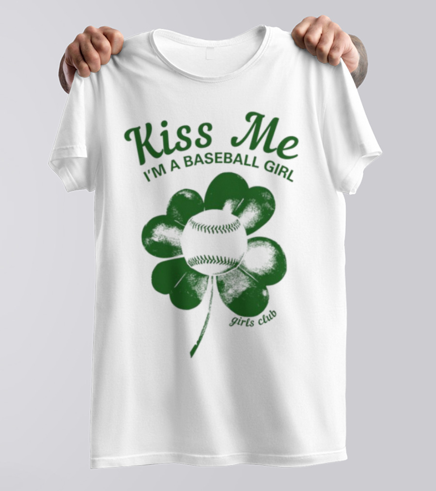 Kiss Me I'm A Baseball Girl Four Leaf Clover Stitch Lines T-Shirt
