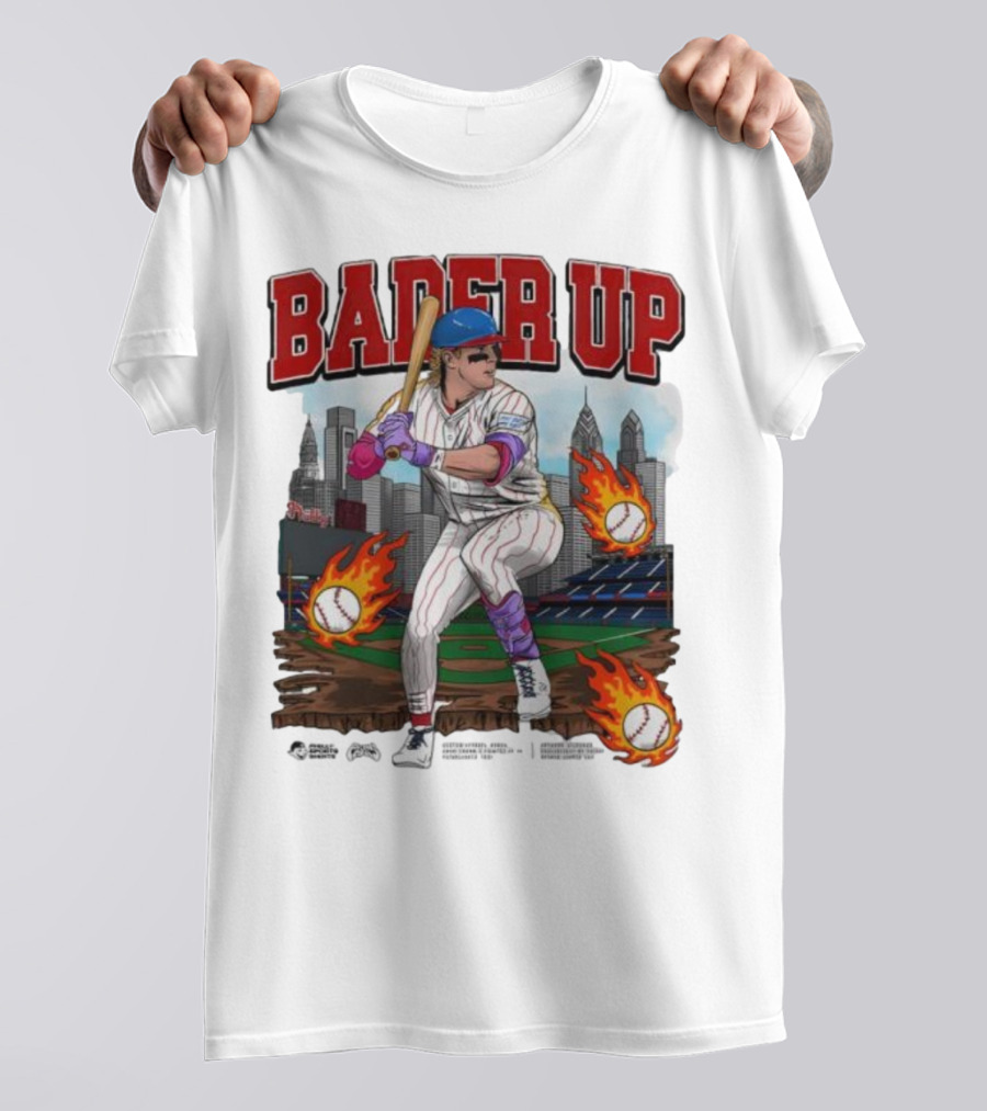 Bader Up Baseball Player Philadelphia Skyline And Flaming Baseballs T-Shirt