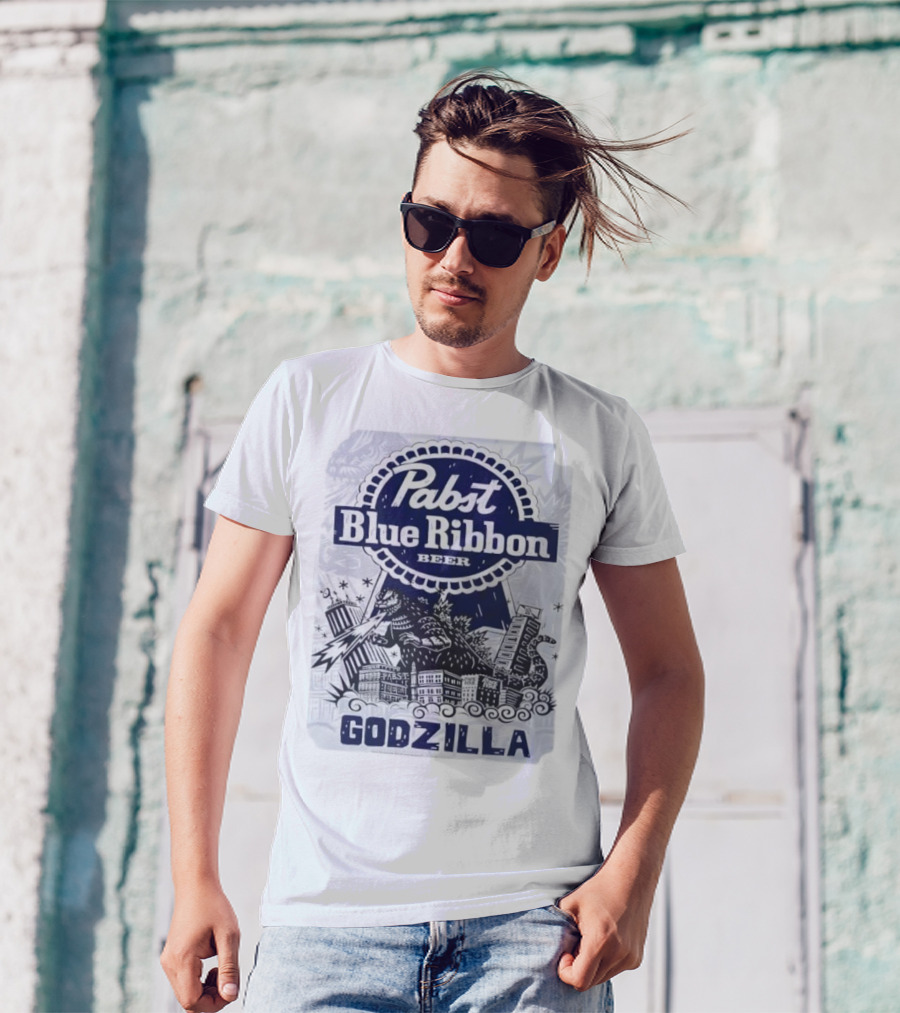 Pabst Blue Ribbon Beer Godzilla Monster Rampage Retro T-Shirt