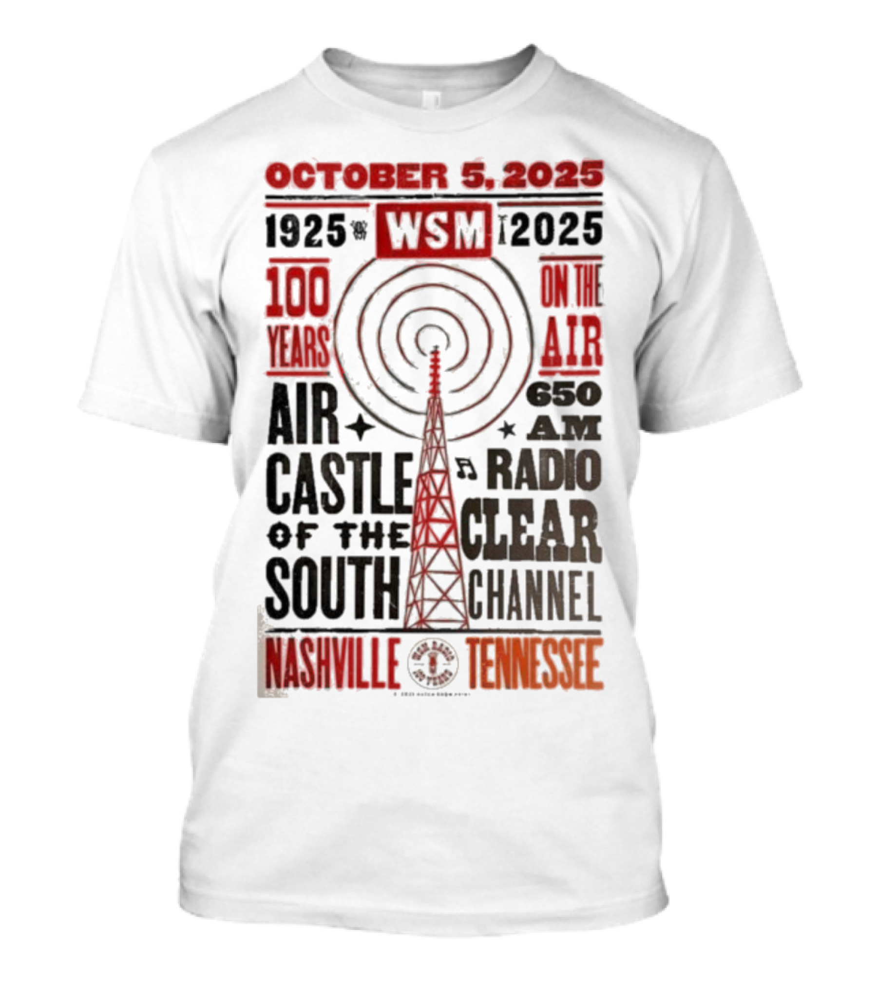 October 5 2025 WSM 100 Years On Air Air Castle Of The South 650 AM Radio Nashville Tennessee T-Shirt