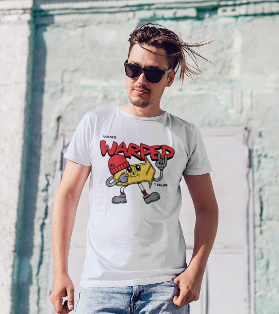 Vans Warped Tour Yellow Arrow Mascot With Red Beanie And Rock Gesture T-Shirt