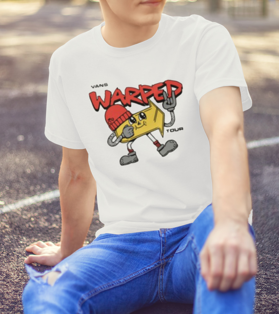 Vans Warped Tour Yellow Arrow Mascot With Red Beanie And Rock Gesture T-Shirt