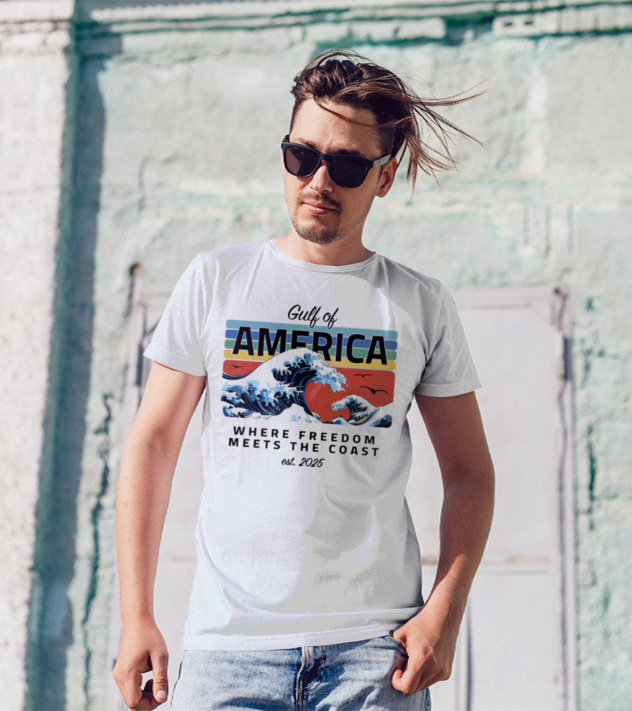 Gulf Of America Where Freedom Meets The Coast Est. 2025 Waves And Sunset Scene T-Shirt
