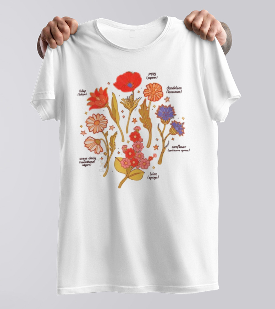 Botanical Revival Tulip Poppy Daisy Cosmos Lavender Floral Arrangement T-Shirt