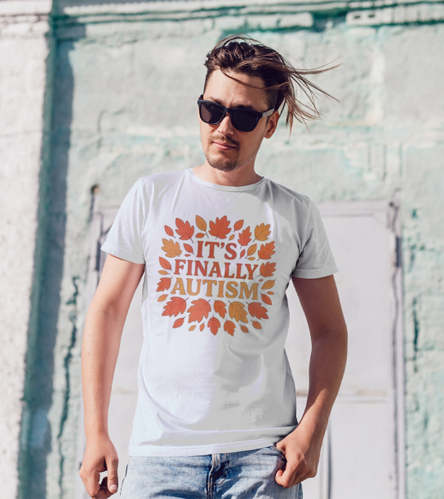 It's Finally Autism Autumn Leaves Pattern T-Shirt