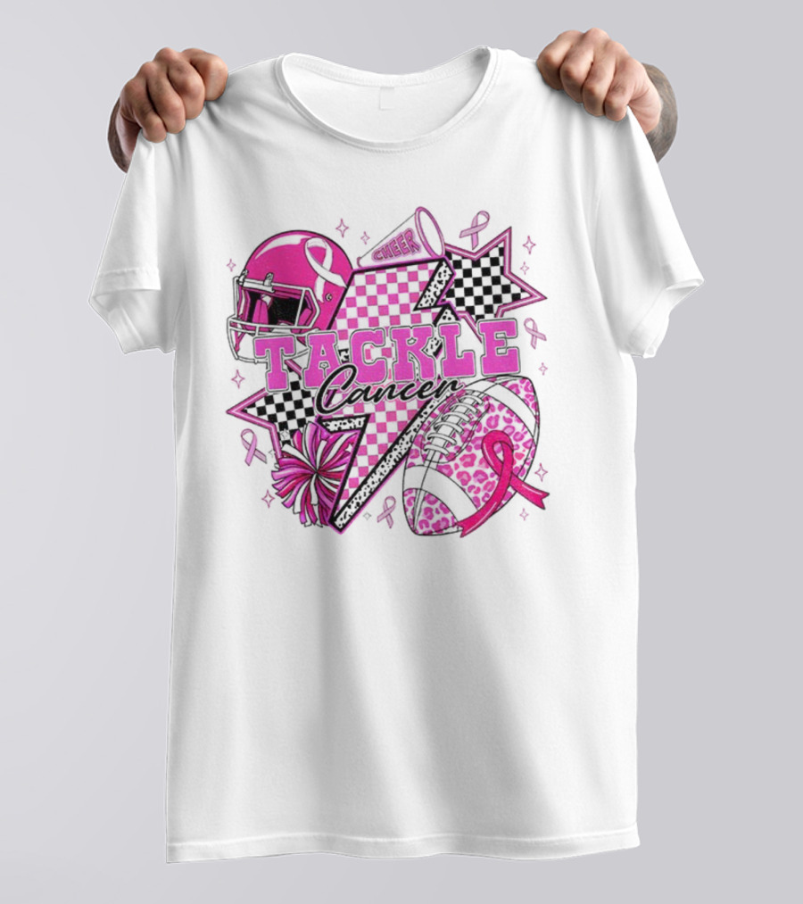 Pink Football Tackle Cancer Cheer Breast Cancer Awareness Ribbons T-Shirt