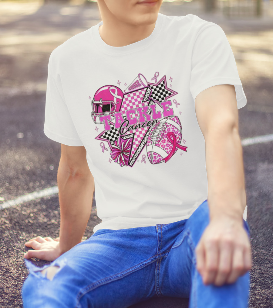 Pink Football Tackle Cancer Cheer Breast Cancer Awareness Ribbons T-Shirt