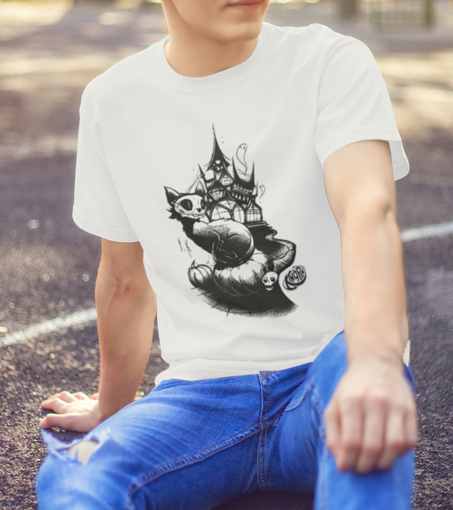 Kingpin Skelecat Haunt By Kellan Horner Ghostly Cat With Crown And Smoke T-Shirt
