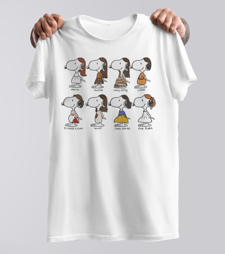 Snoopy Belle Mulan Cinderella Jasmine Ariel Pocahontas Snow White Tiana Princess Parody T-Shirt