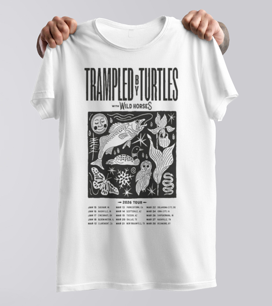 Trampled By Turtles Wild Horses 2026 Tour Dates Fish Sun Moon Flower Butterfly T-Shirt