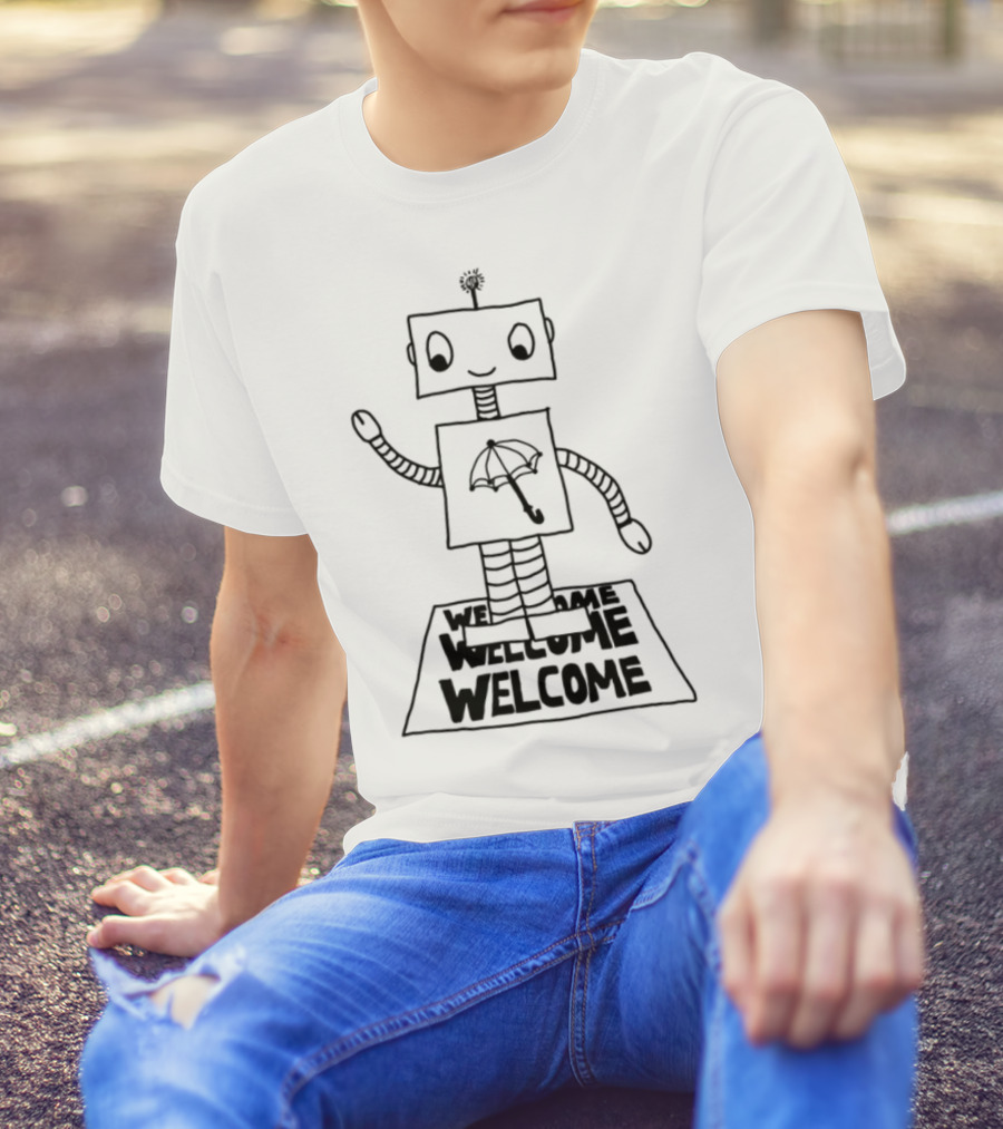 Robot Welcome Friendly Waving With Umbrella T-Shirt