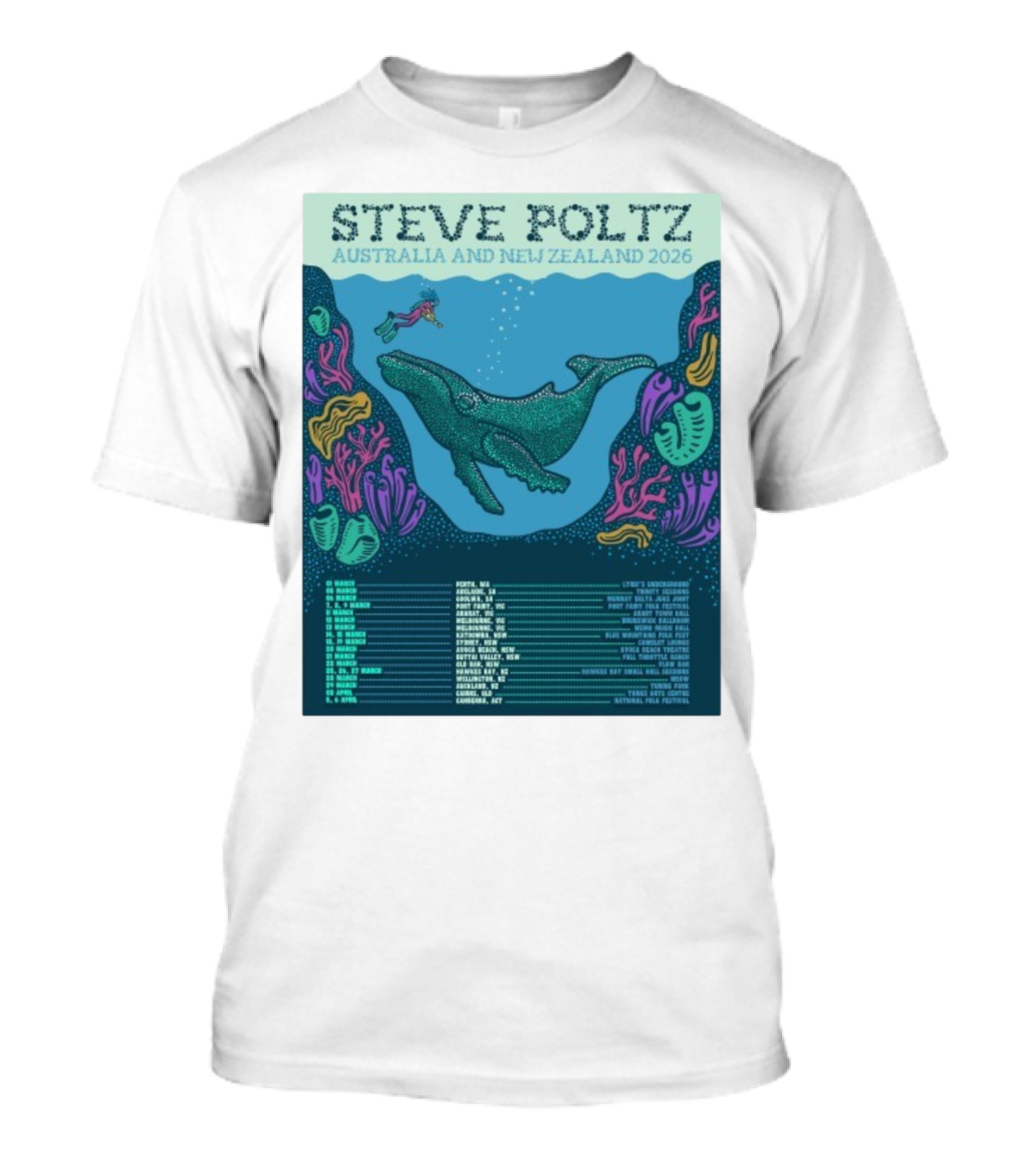 Steve Poltz Australia New Zealand Tour 2026 Concert Dates Underwater Theme T-Shirt