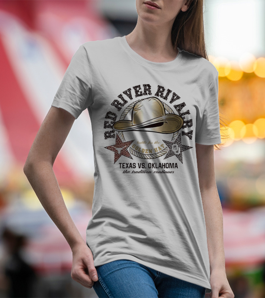 Red River Rivalry Texas Vs Oklahoma Golden Hat Tradition Showdown T-Shirt