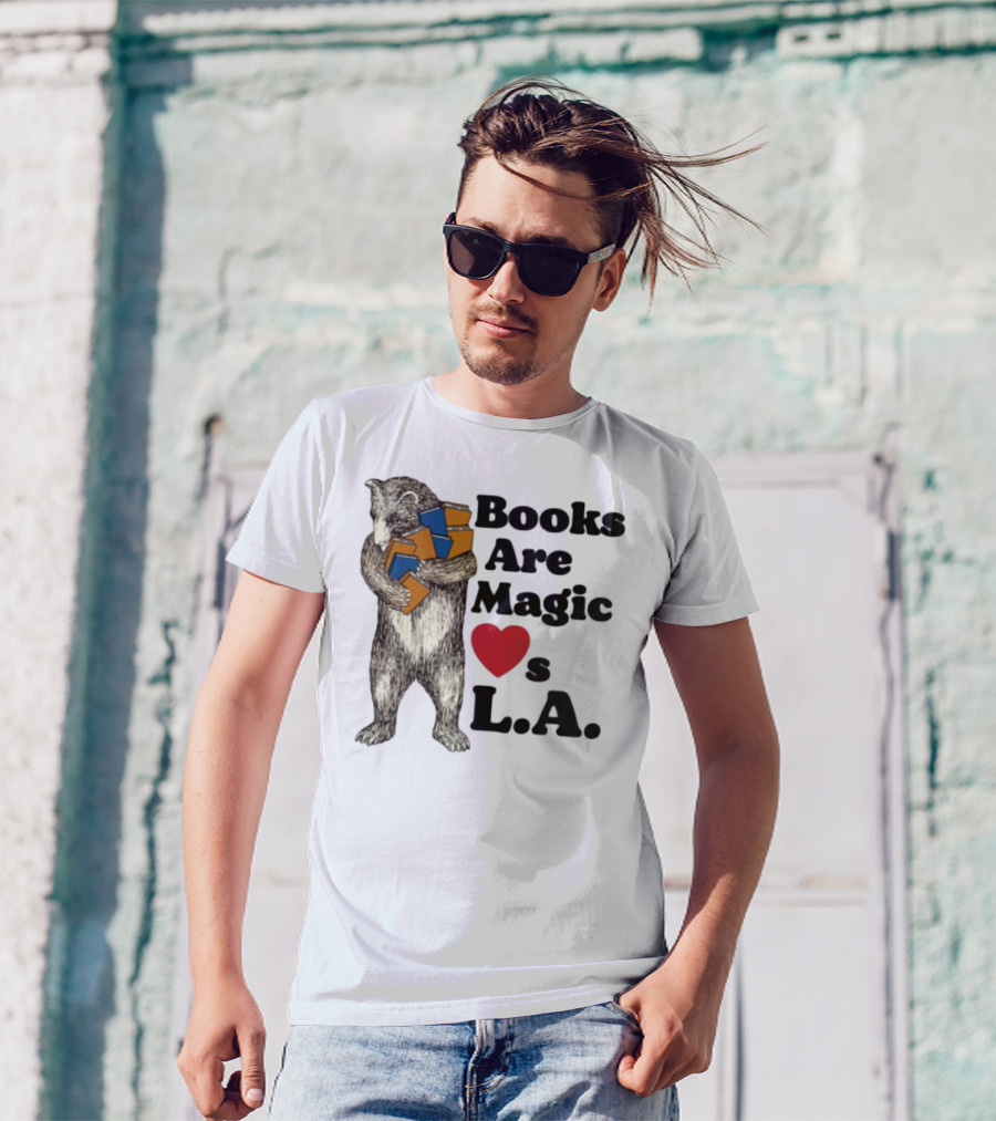 Books Are Magic Loves L.A. Bear With Books Illustration T-Shirt
