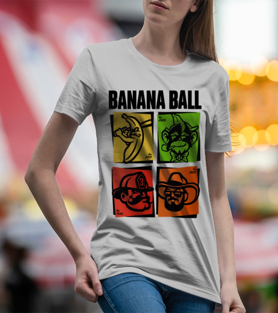 Banana Ball 2025 Cowboy Firefighter Joker Swordsman Icons Est 2016 2020 2024 2025 T-Shirt