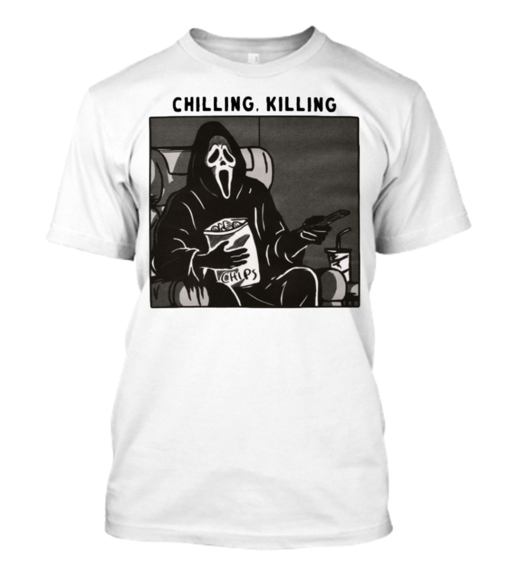 Ghost Face Chips Chilling Killing Movie Night Vibes T-Shirt