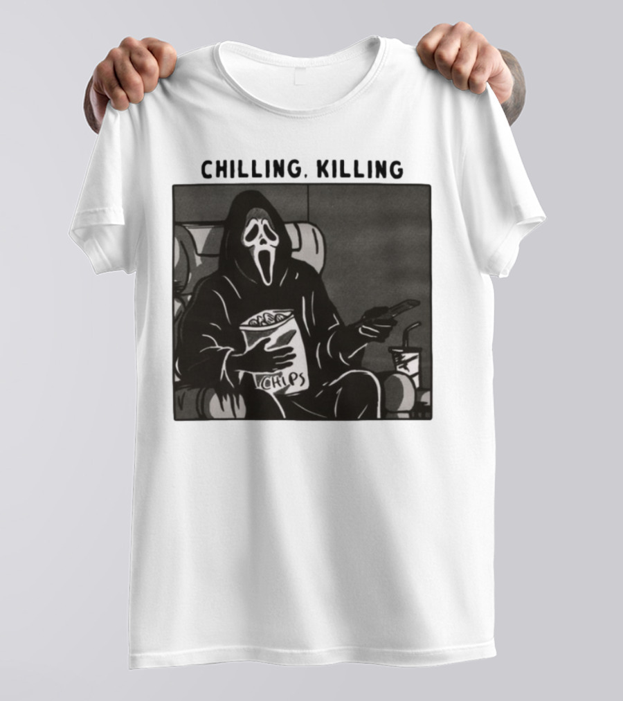 Ghost Face Chips Chilling Killing Movie Night Vibes T-Shirt