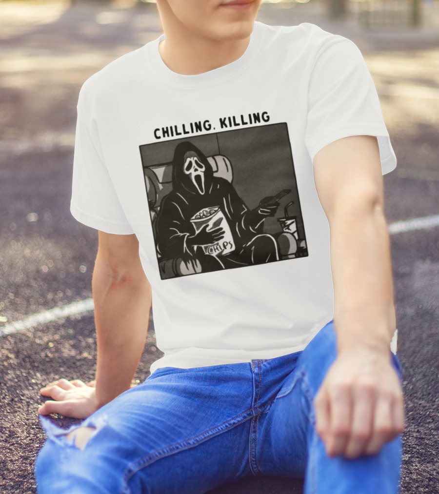 Ghost Face Chips Chilling Killing Movie Night Vibes T-Shirt