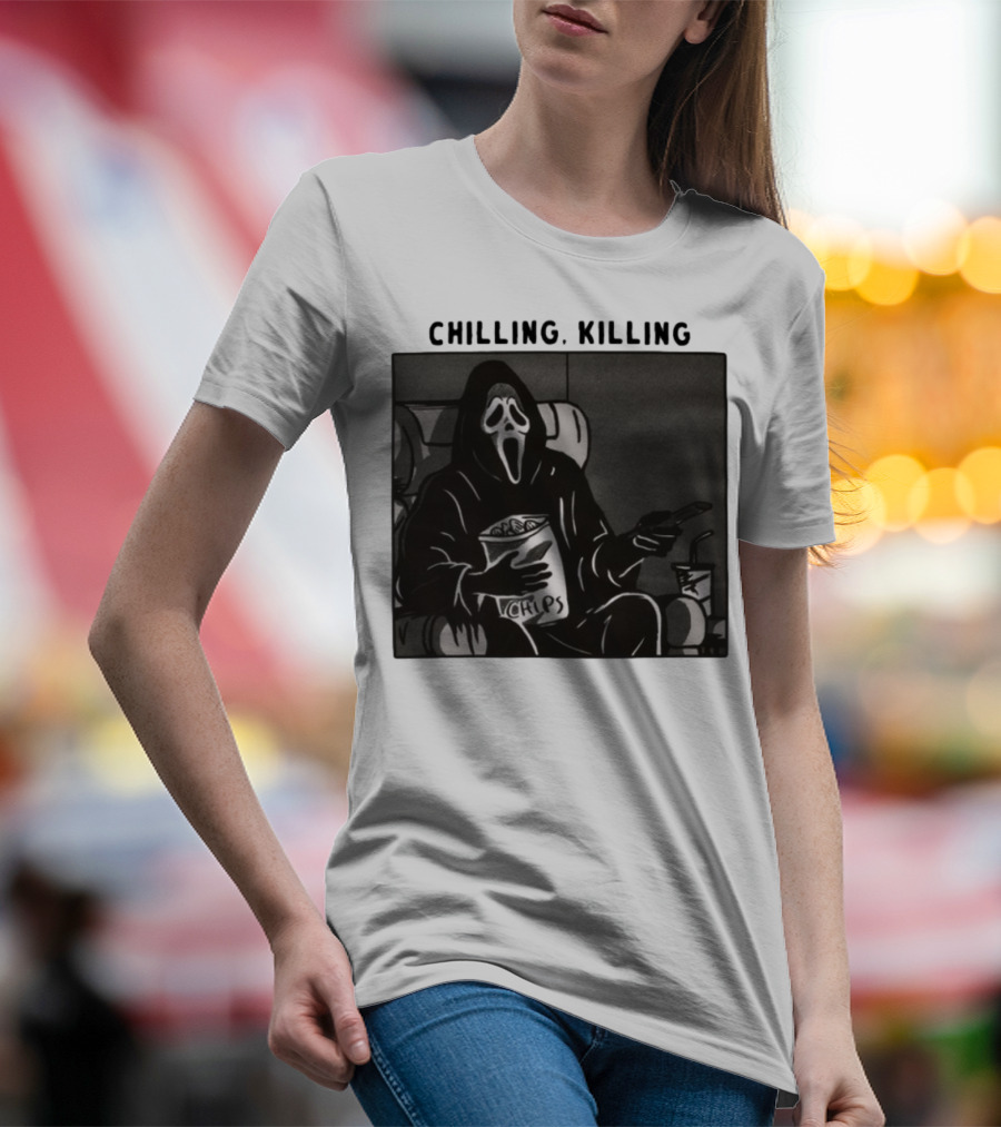 Ghost Face Chips Chilling Killing Movie Night Vibes T-Shirt