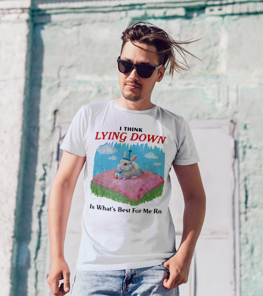 I Think Lying Down Bunny With Party Hat And Juice Box Pillow Clouds T-Shirt