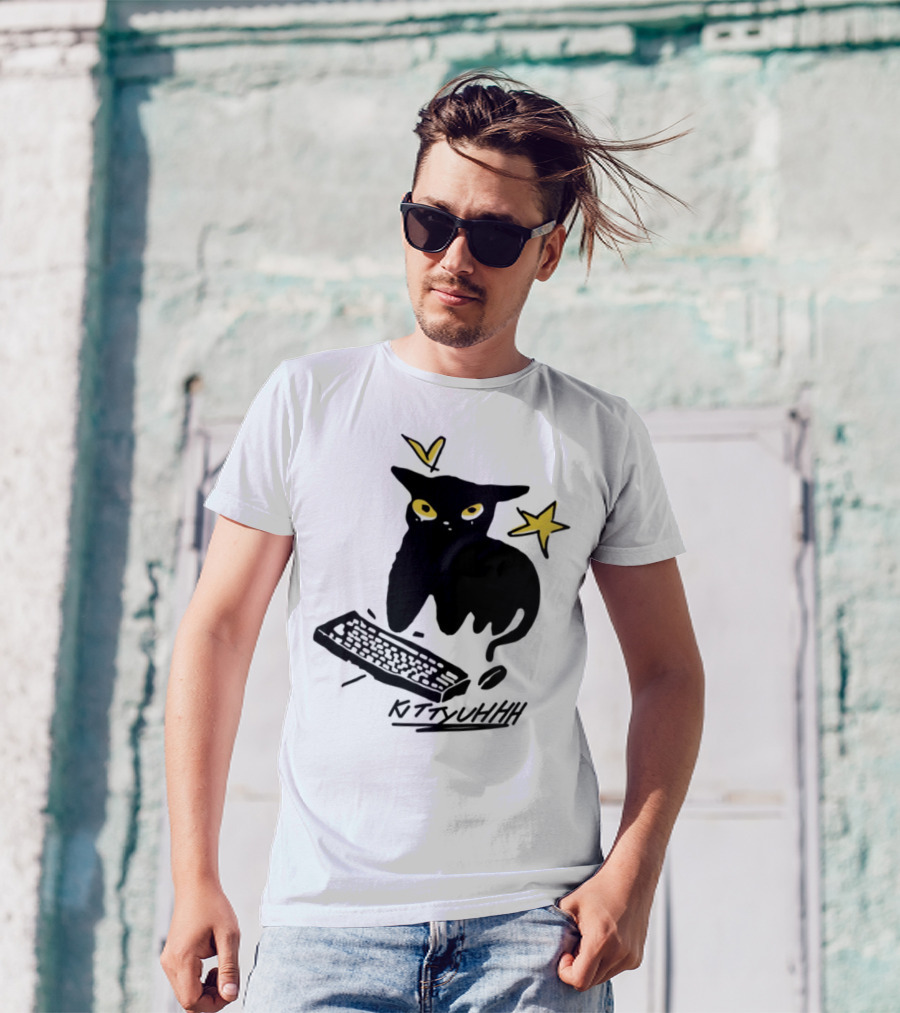 Kittyuhhh Cat At Keyboard With Yellow Eyes And Stars T-Shirt